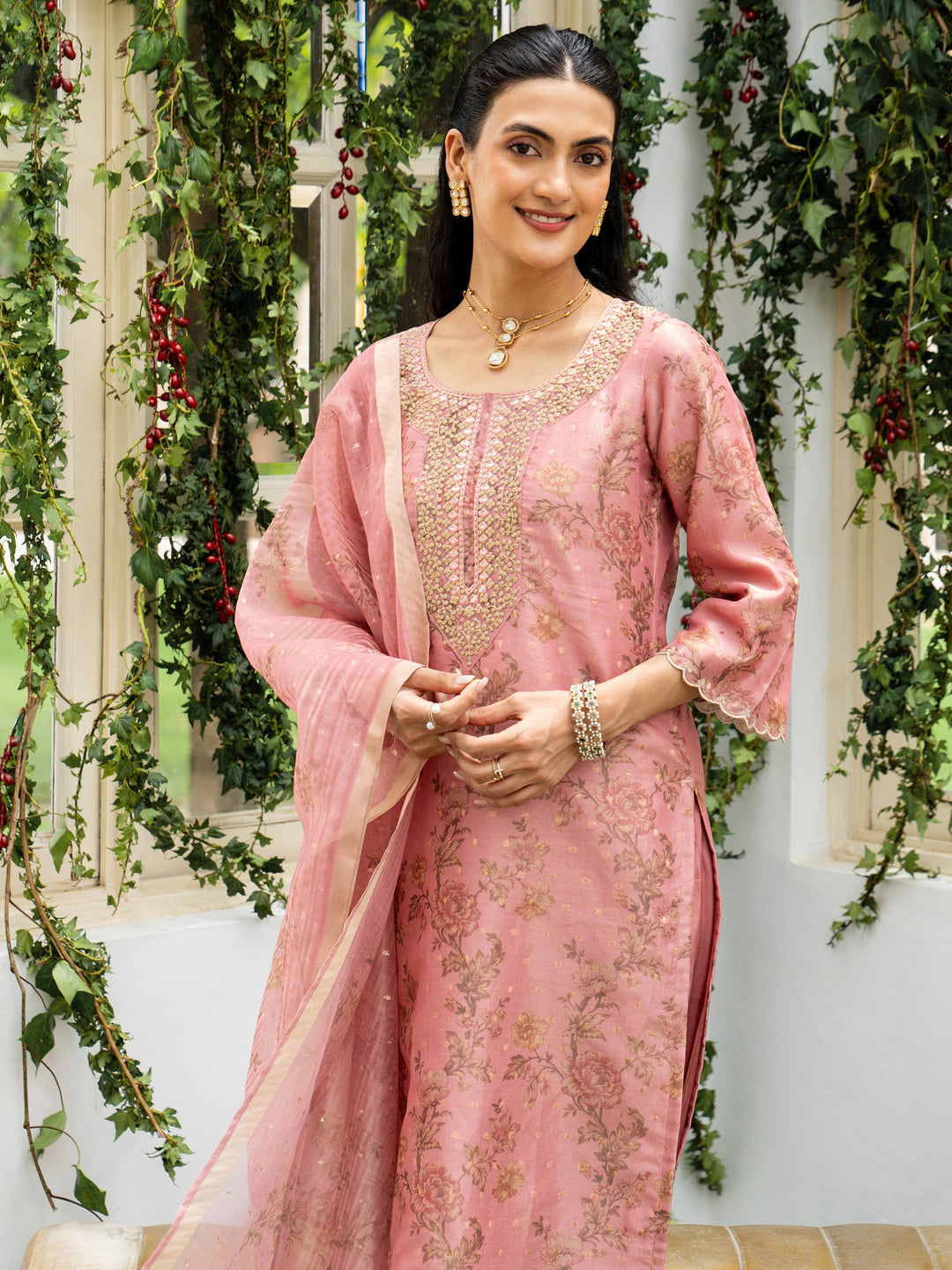 Peach Printed Silk Blend Straight Suit Set With Dupatta