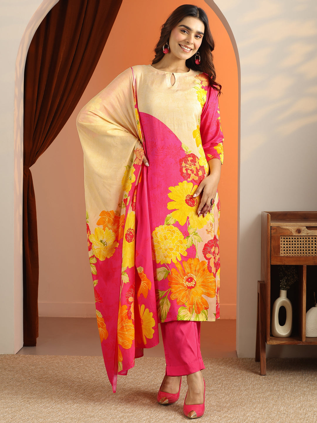  Pink Printed Silk Blend Straight Suit Set With Dupatta 