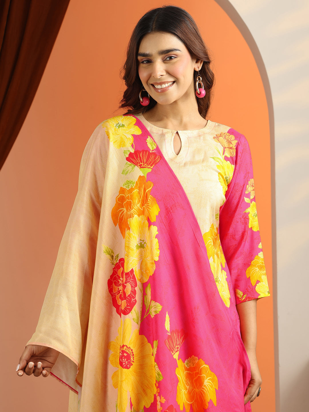  Pink Printed Silk Blend Straight Suit Set With Dupatta 