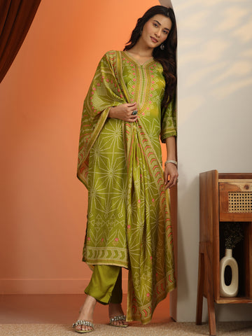 Green Printed Silk Blend Straight Suit Set With Dupatta
