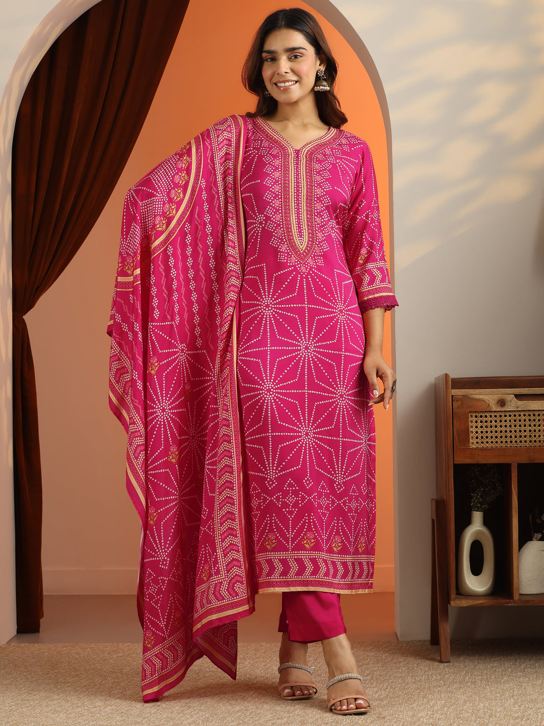  Pink Printed Silk Blend Straight Suit Set With Dupatta 