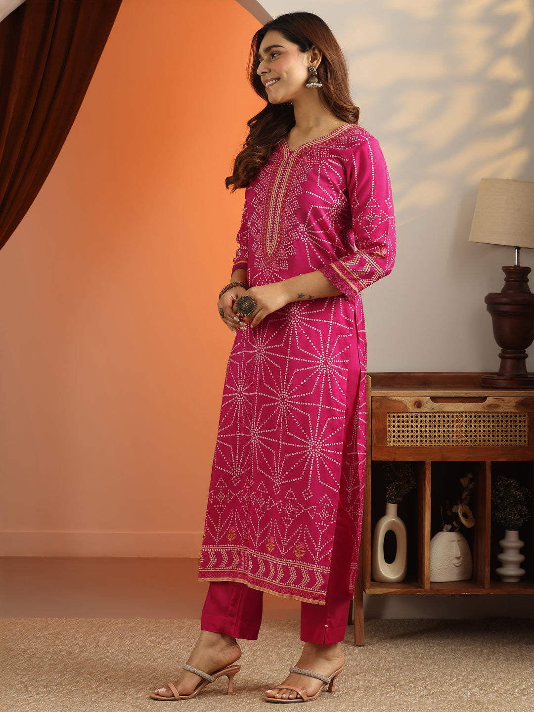  Pink Printed Silk Blend Straight Suit Set With Dupatta 