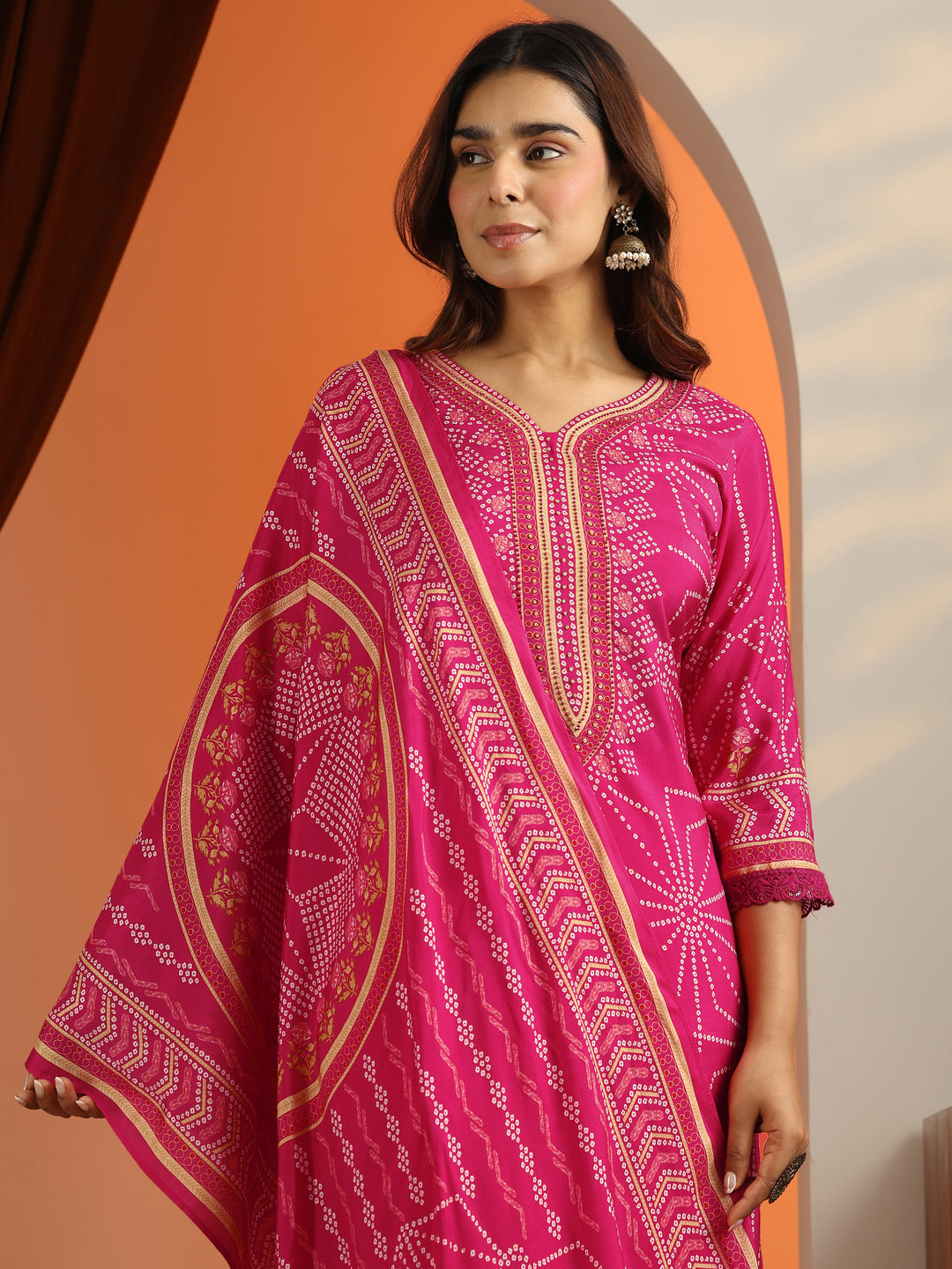  Pink Printed Silk Blend Straight Suit Set With Dupatta 