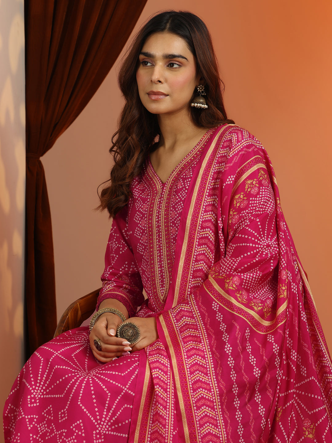  Pink Printed Silk Blend Straight Suit Set With Dupatta 