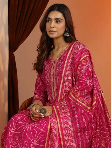 Pink Printed Silk Blend Straight Suit Set With Dupatta