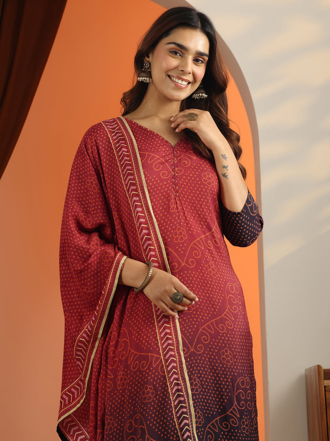  Rust Bandhani Printed Silk Blend Straight Suit Set With Dupatta 