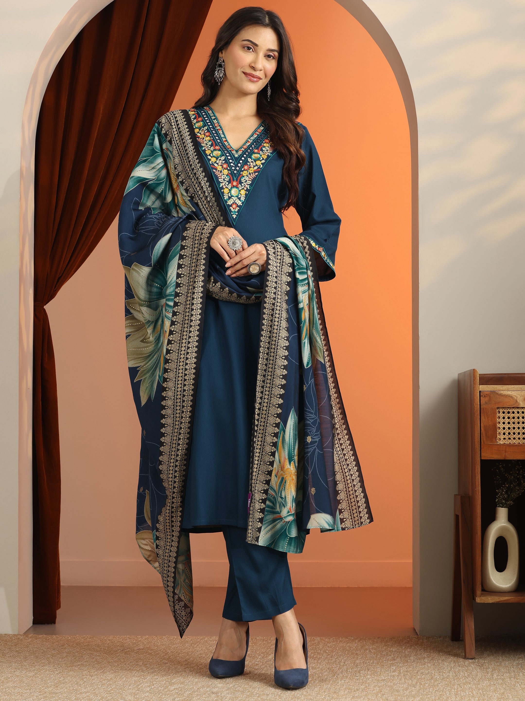 libas Blue Embroidered Rayon Straight Suit Set With Dupatta-picture-36