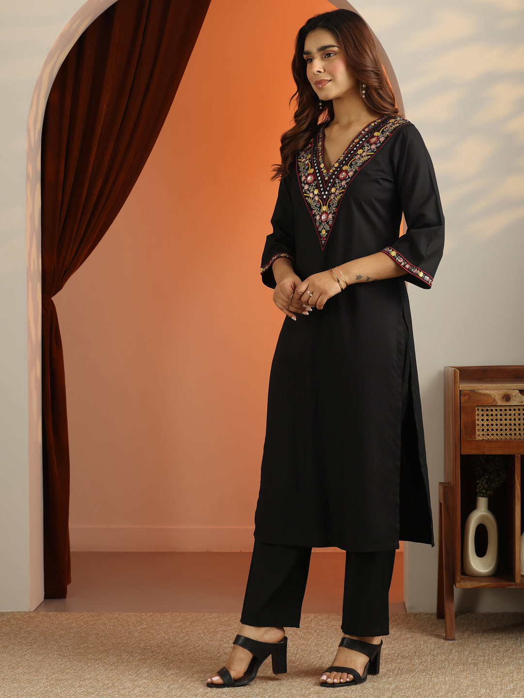  Black Embroidered Rayon Straight Suit Set With Dupatta 