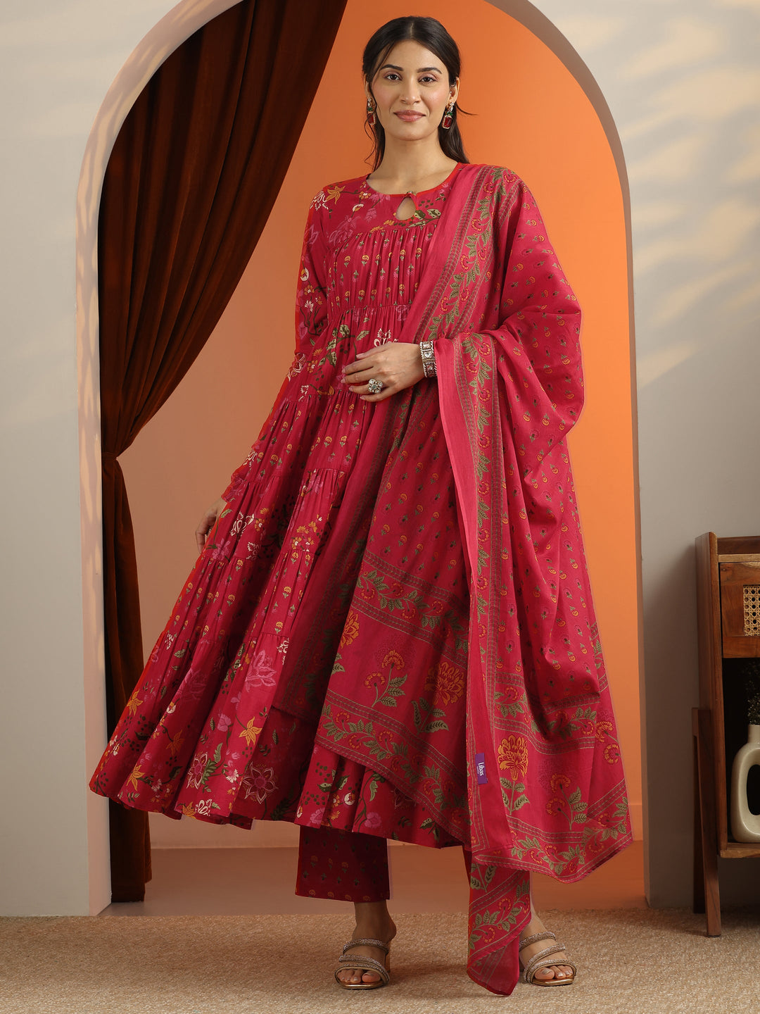  Red Printed Cotton Anarkali Suit Set With Dupatta 