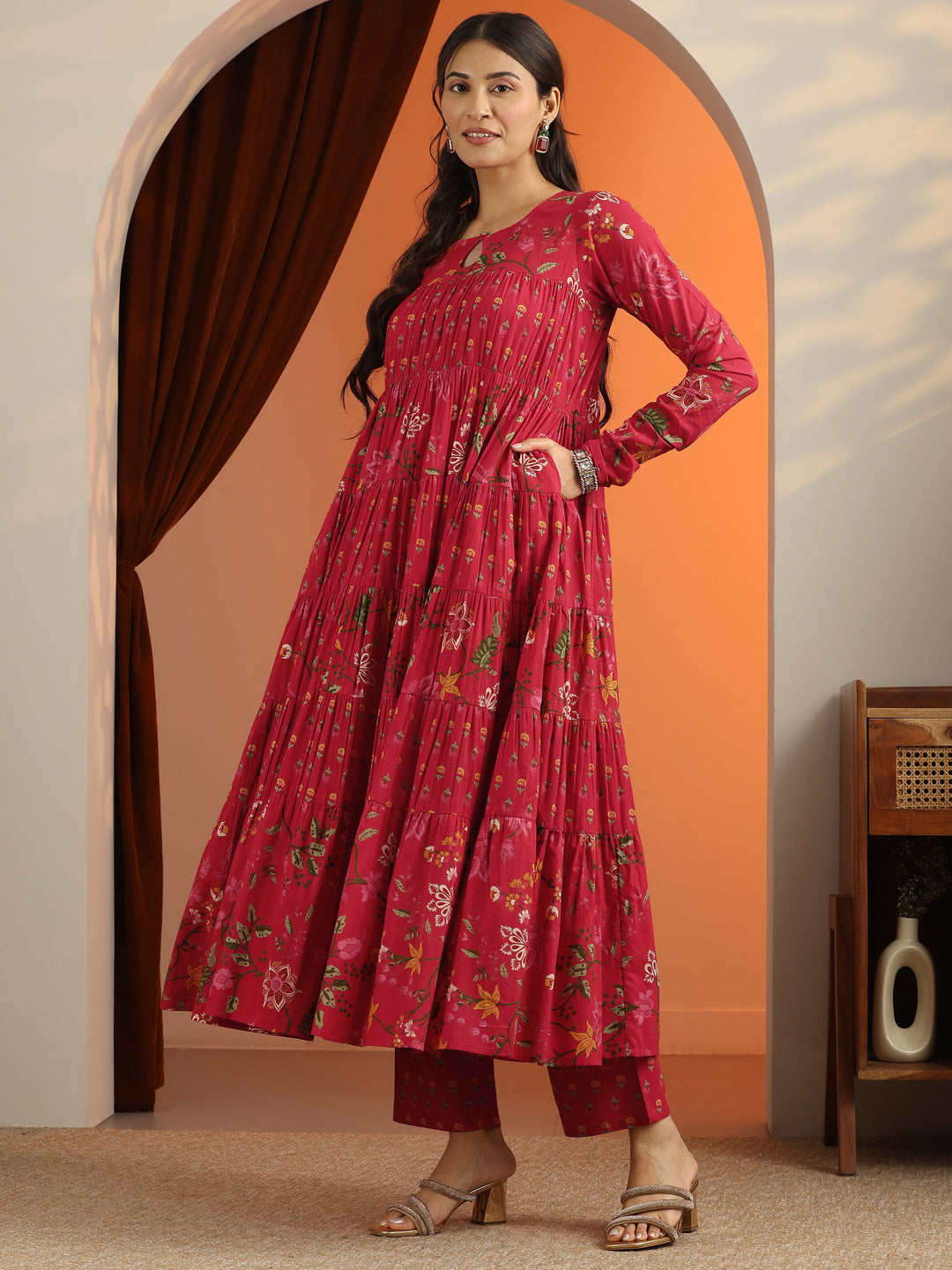  Red Printed Cotton Anarkali Suit Set With Dupatta 