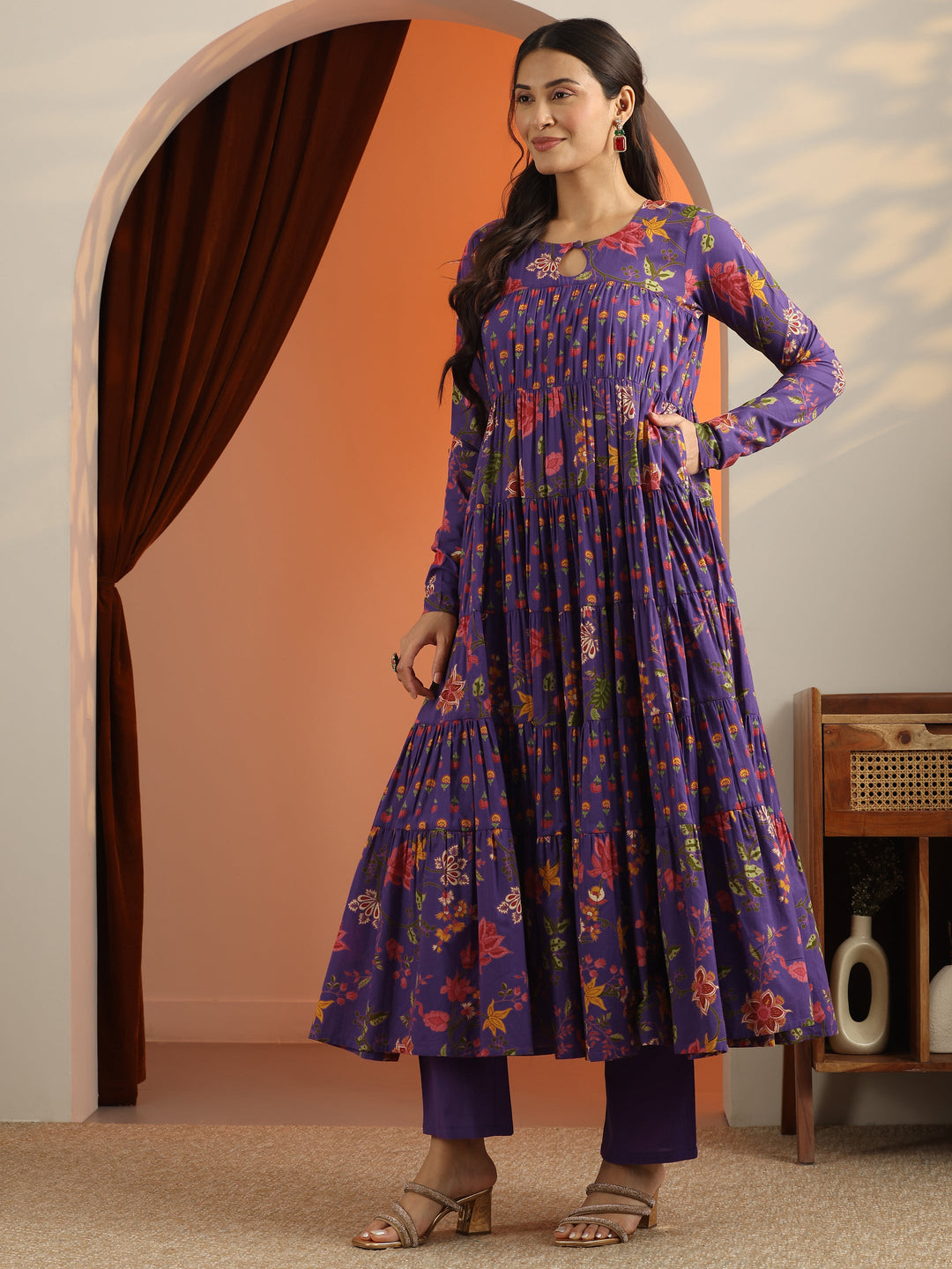  Purple Printed Cotton Anarkali Suit Set With Dupatta 