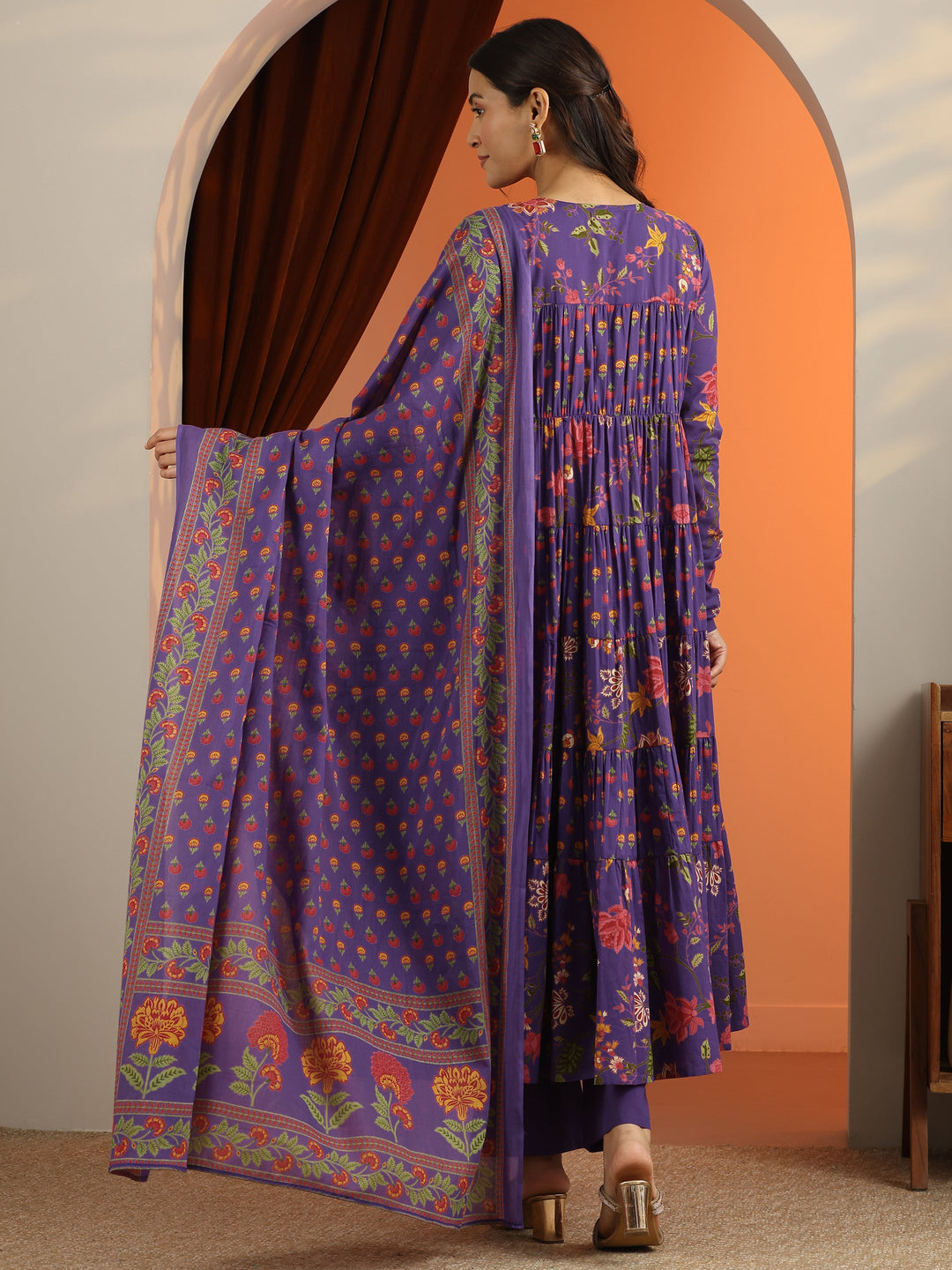  Purple Printed Cotton Anarkali Suit Set With Dupatta 