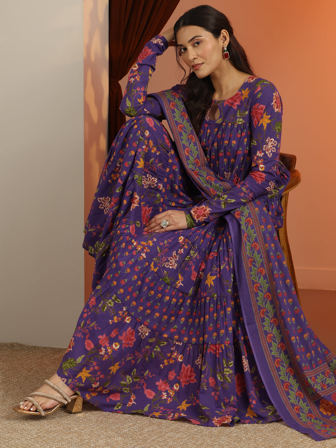  Purple Printed Cotton Anarkali Suit Set With Dupatta 