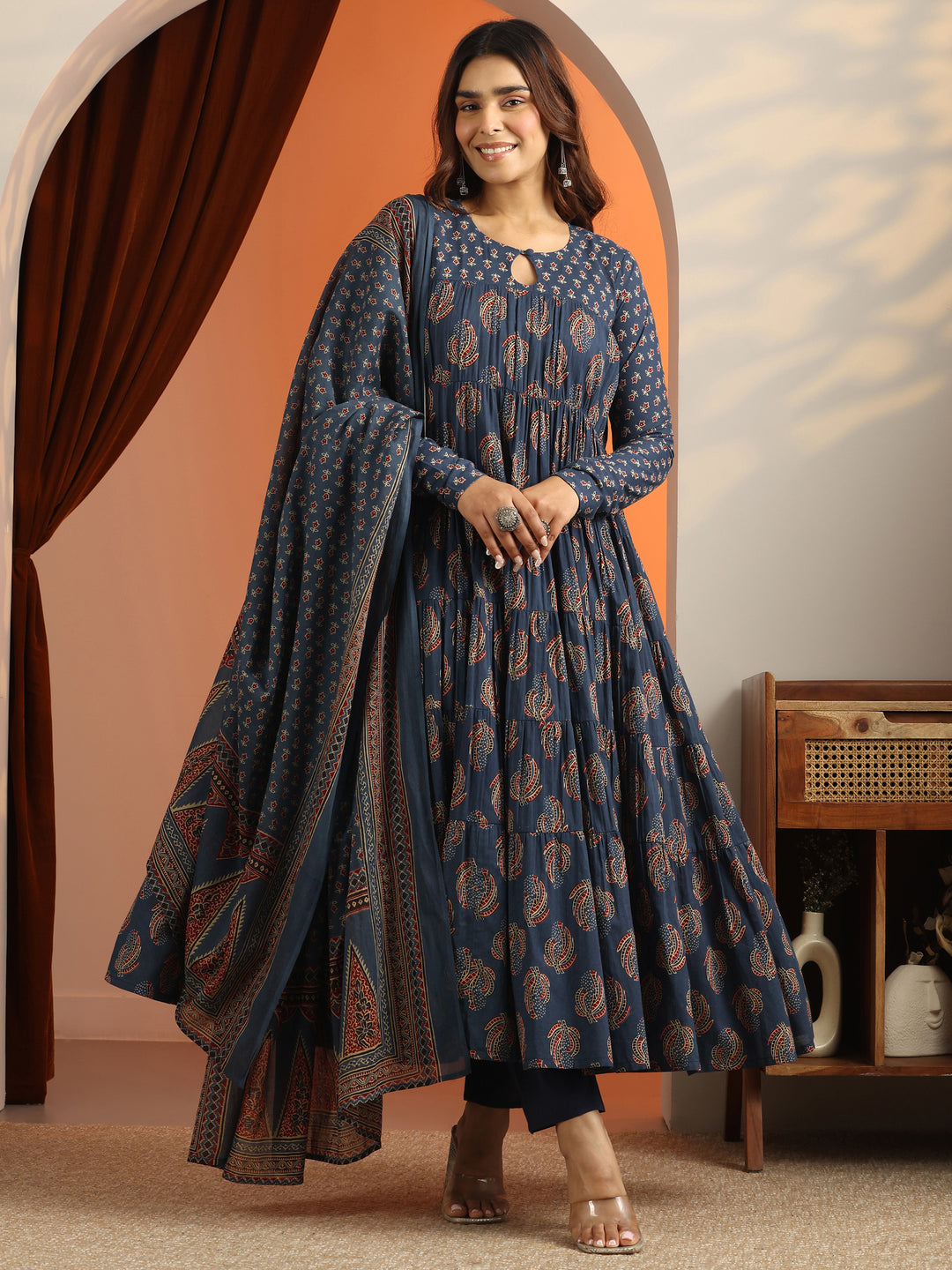  Blue Printed Cotton Anarkali Suit Set With Dupatta 