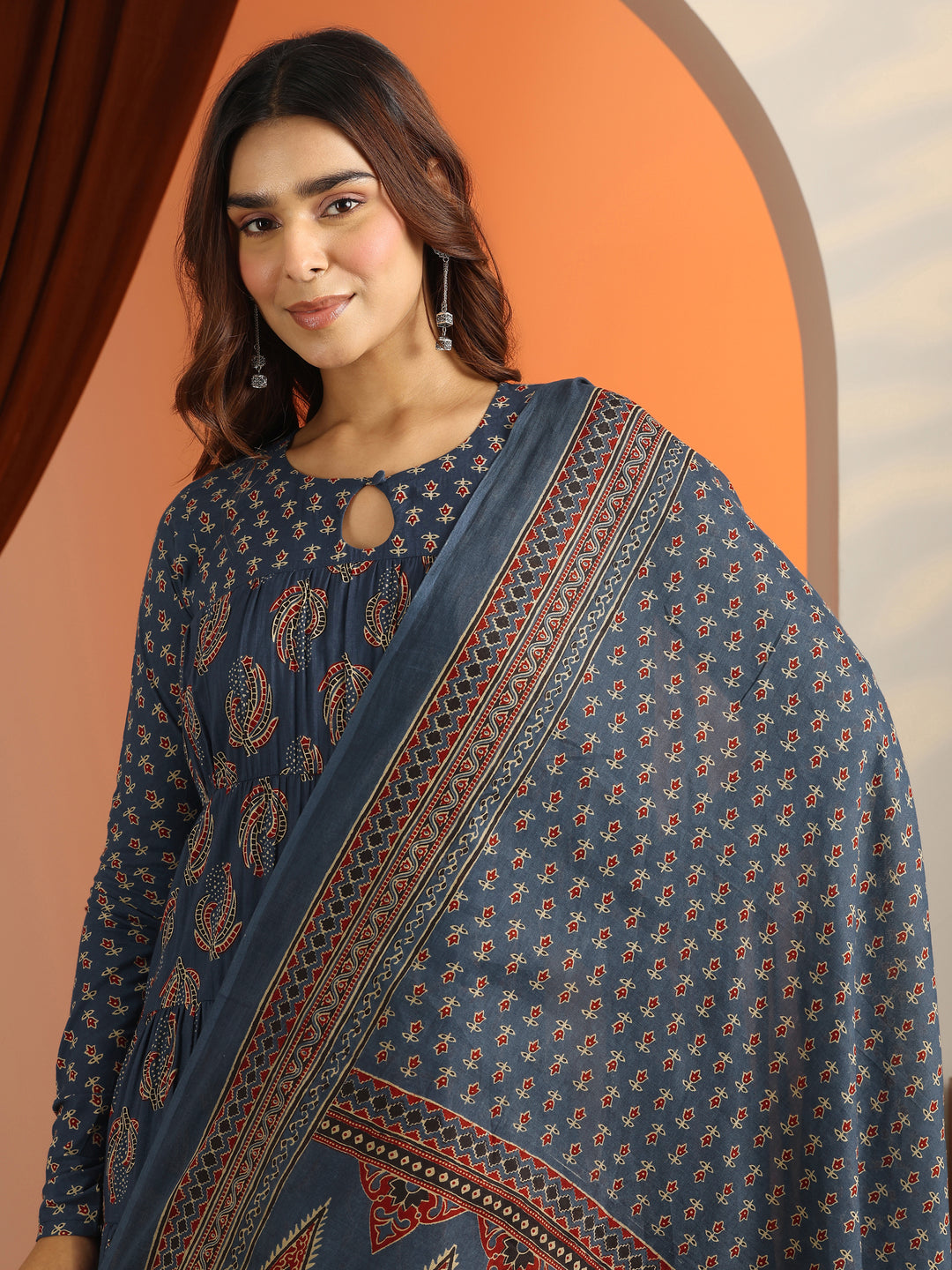  Blue Printed Cotton Anarkali Suit Set With Dupatta 