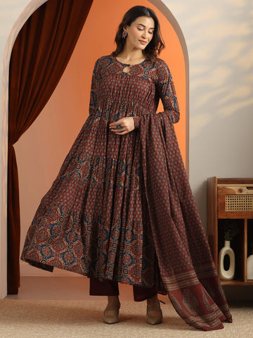 Libas Rust Printed Cotton Anarkali Suit Set With Dupatta