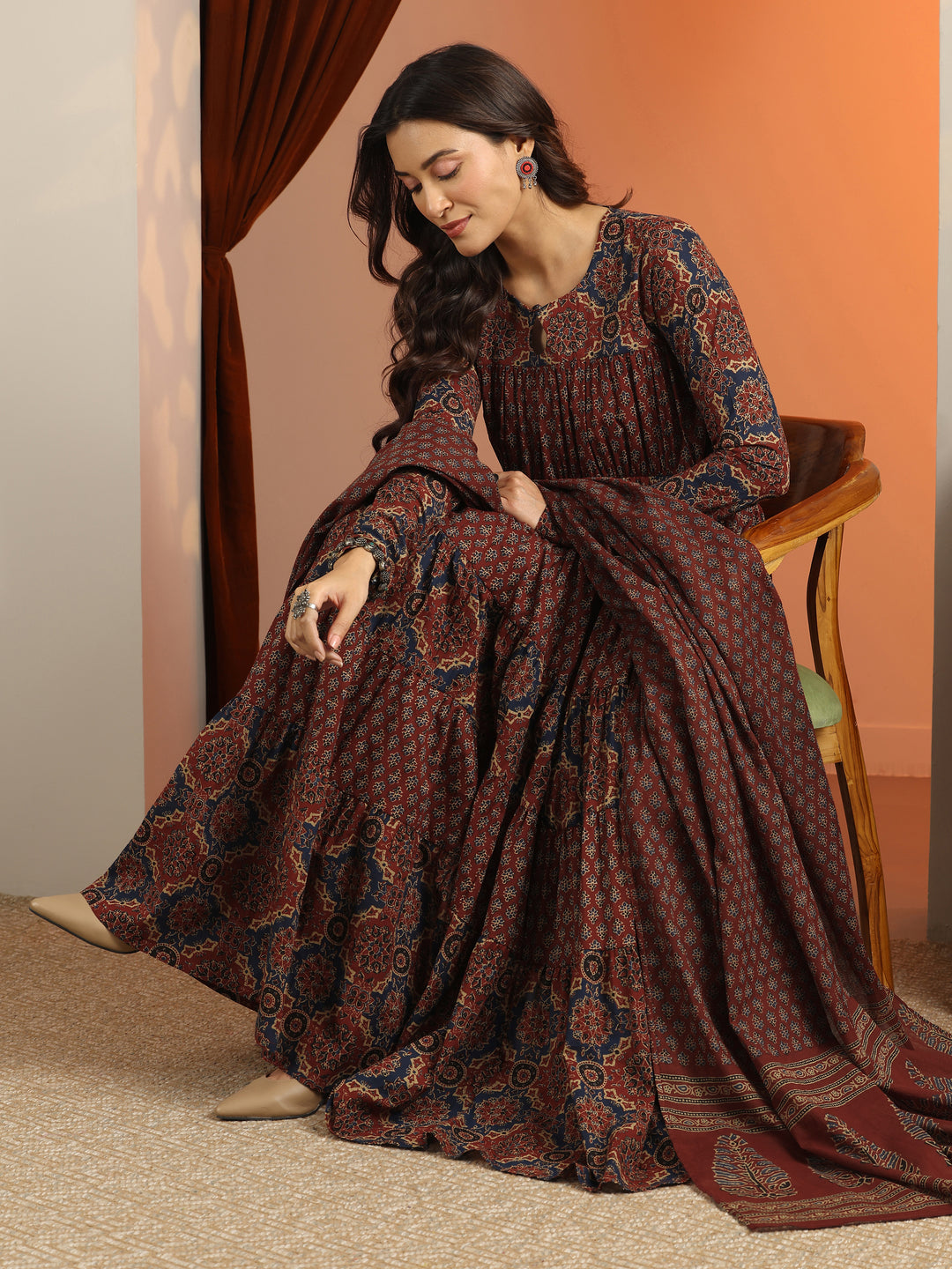  Rust Printed Cotton Anarkali Suit Set With Dupatta 