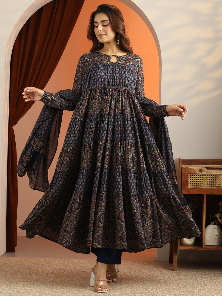 Libas Blue Printed Cotton Anarkali Suit Set With Dupatta