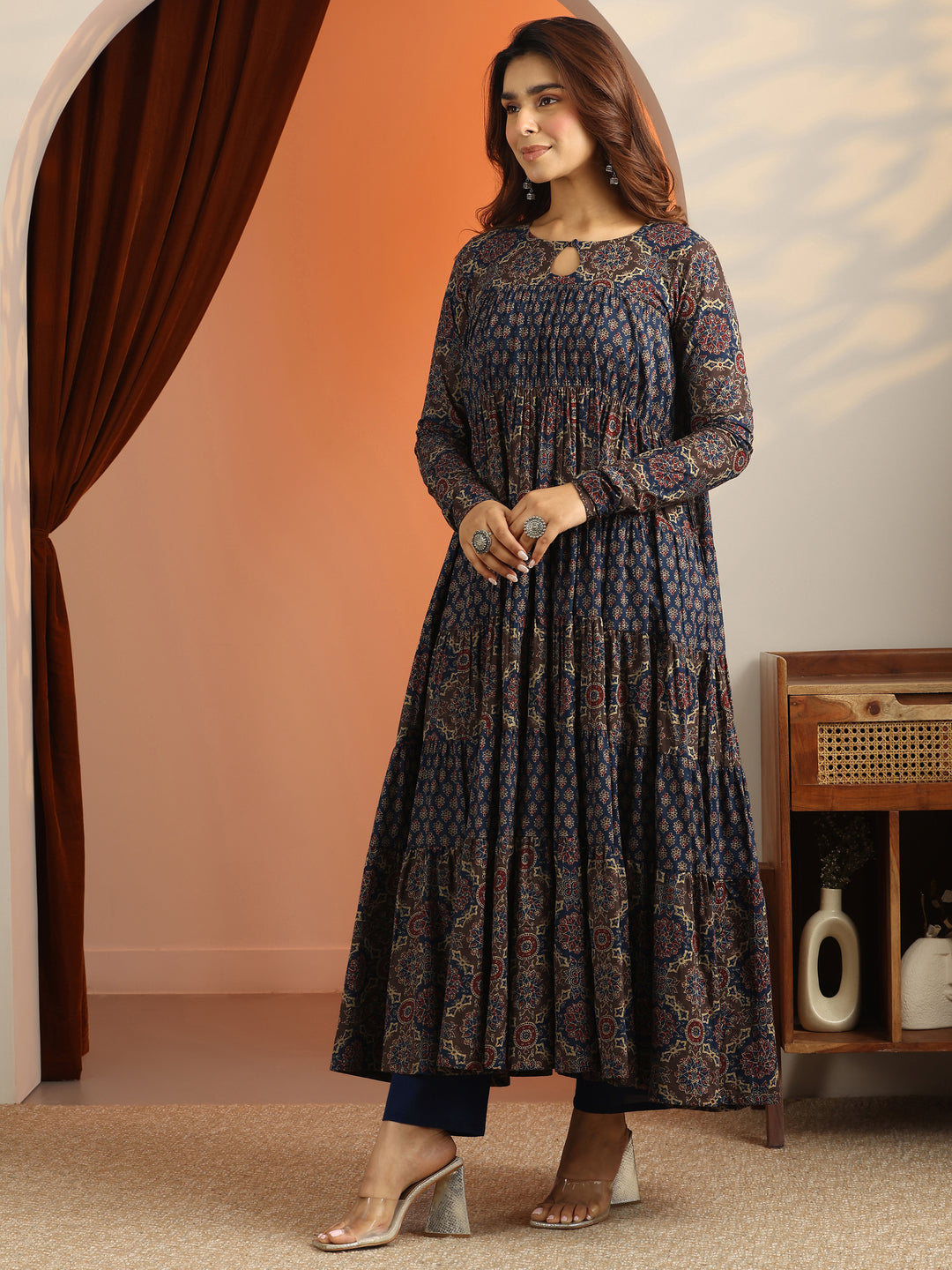  Blue Printed Cotton Anarkali Suit Set With Dupatta 