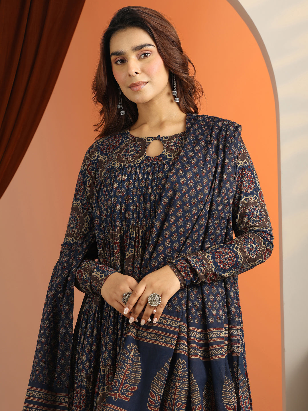  Blue Printed Cotton Anarkali Suit Set With Dupatta 