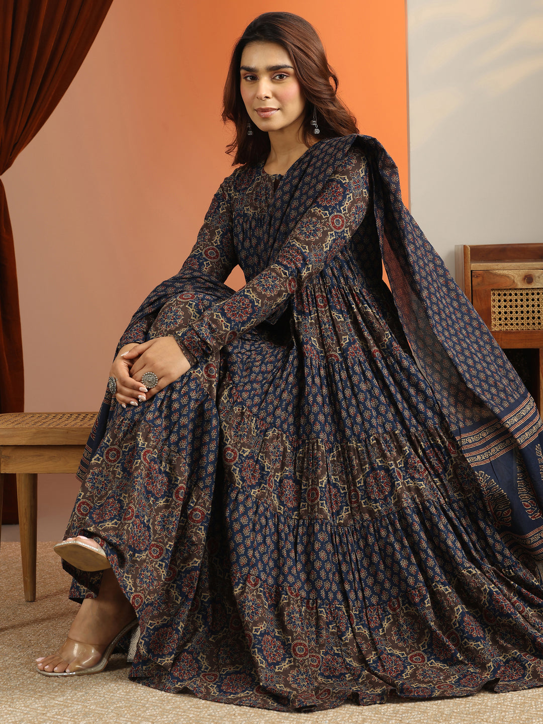  Blue Printed Cotton Anarkali Suit Set With Dupatta 