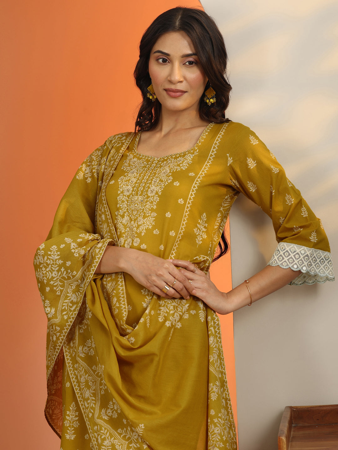  Mustard Printed Cotton Straight Suit Set With Dupatta 