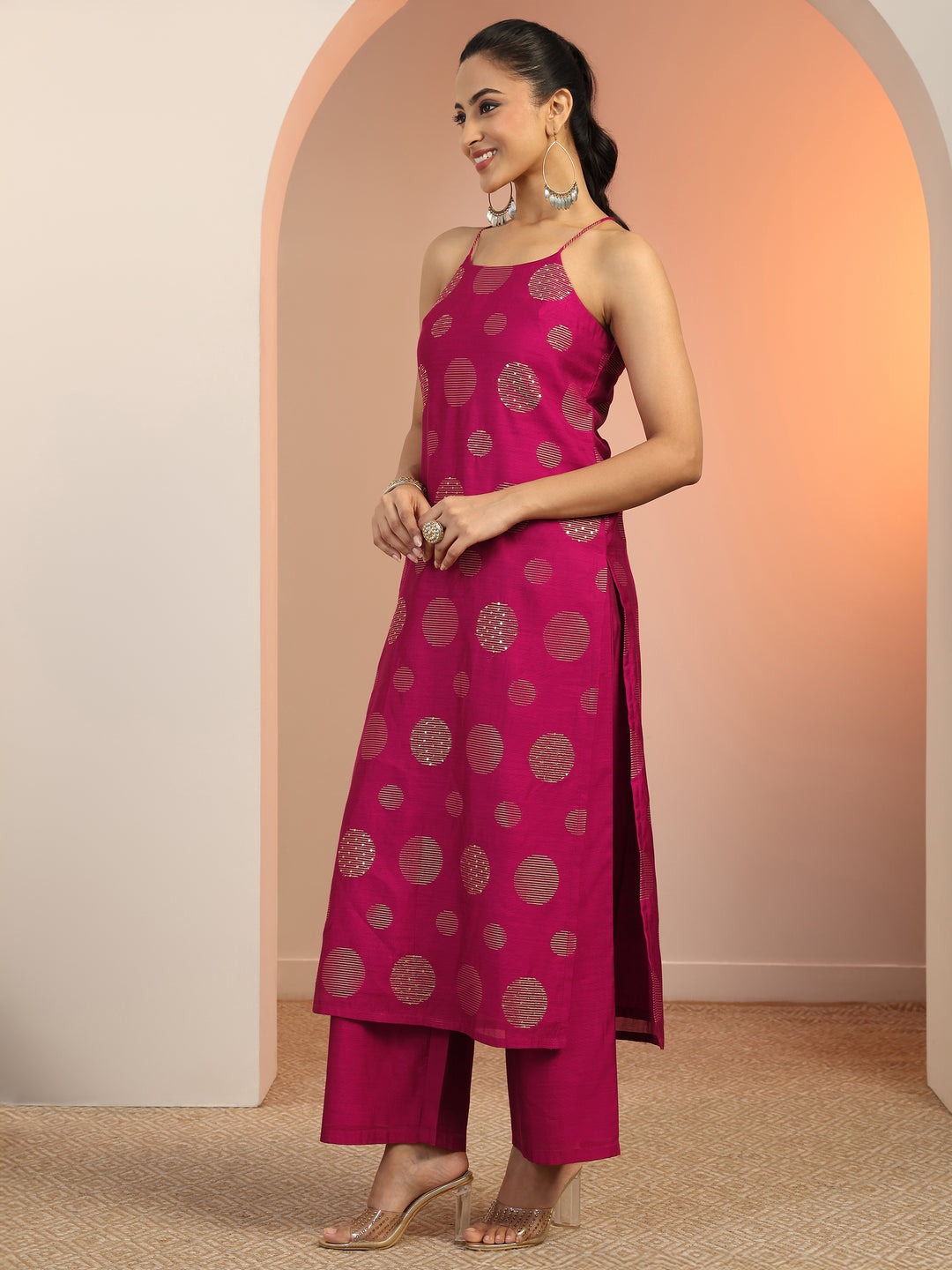  Burgundy Woven Design Silk Blend Straight Kurta Set 
