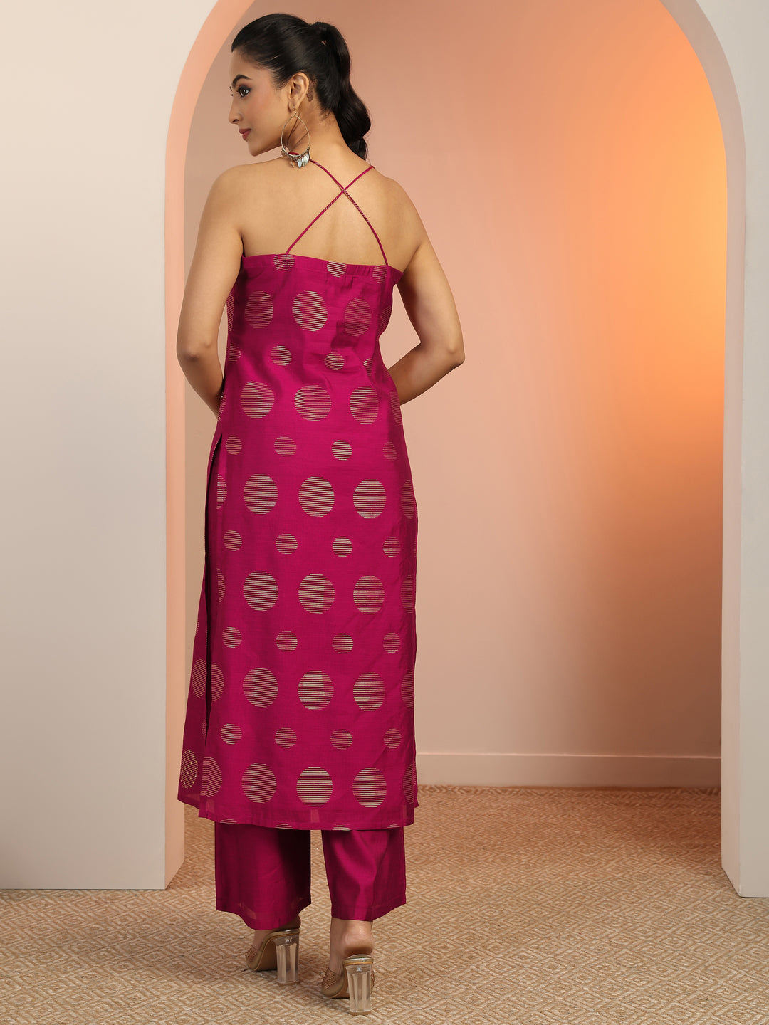  Burgundy Woven Design Silk Blend Straight Kurta Set 