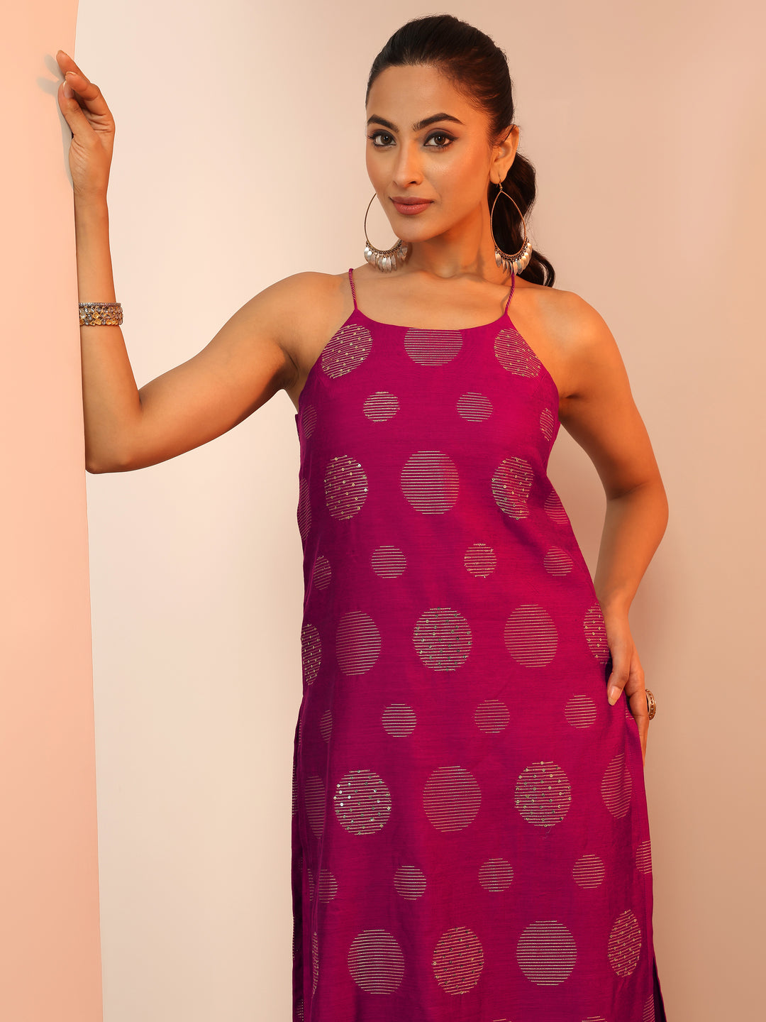  Burgundy Woven Design Silk Blend Straight Kurta Set 