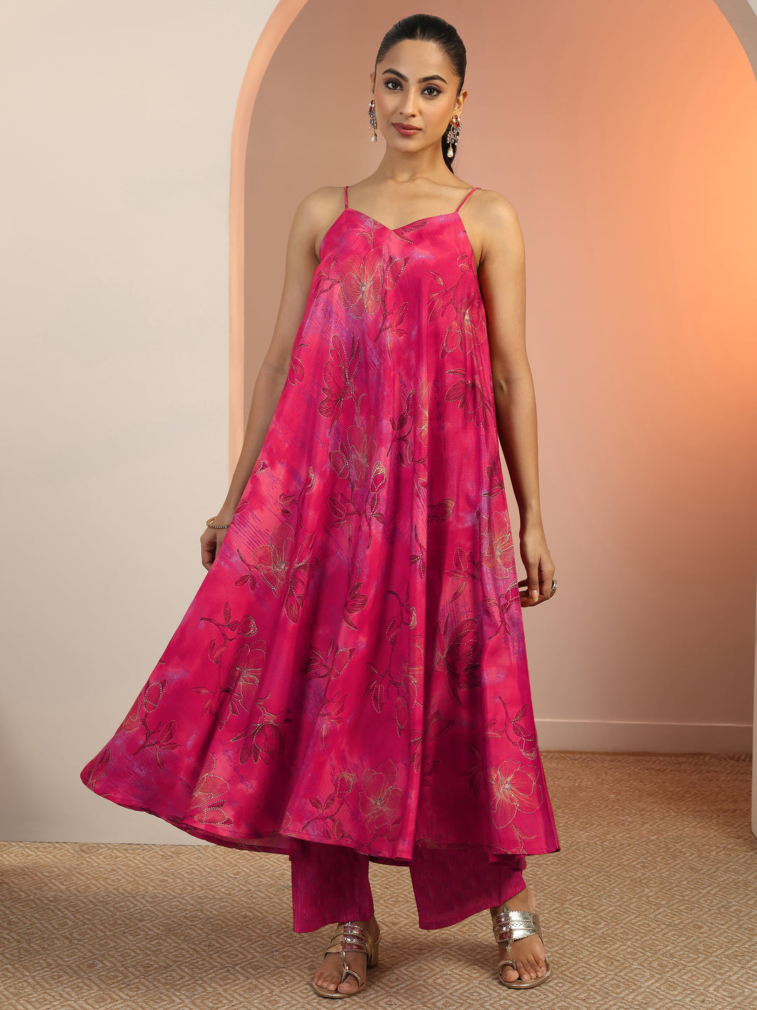  Pink Printed Silk Blend Straight Kurta Set 