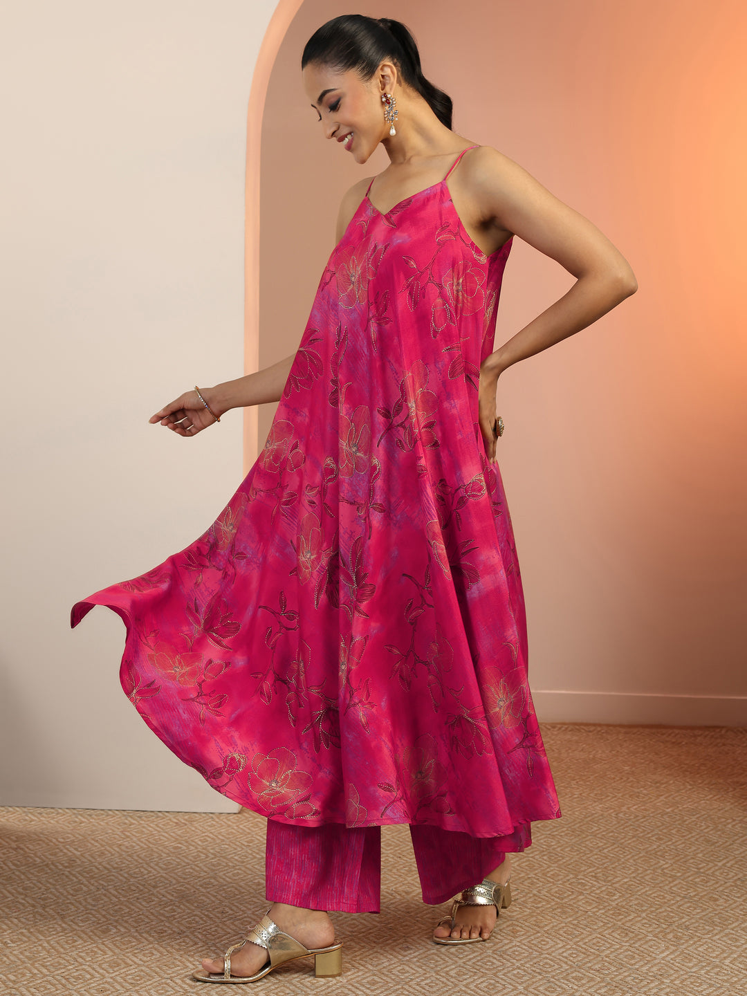  Pink Printed Silk Blend Straight Kurta Set 