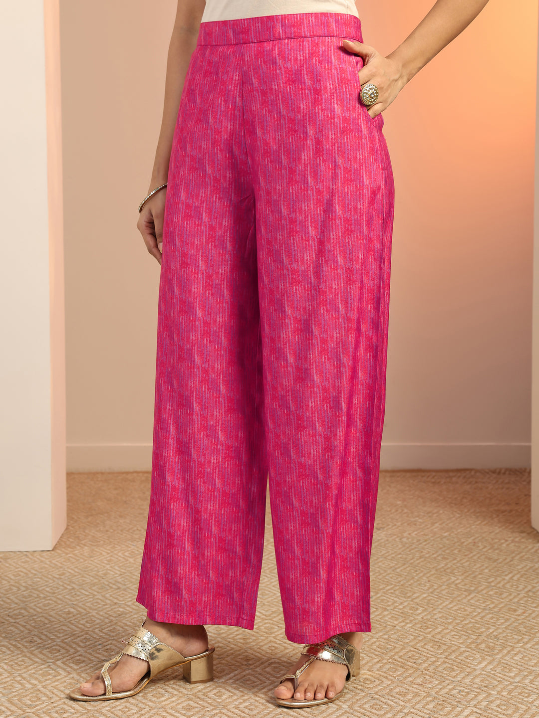  Pink Printed Silk Blend Straight Kurta Set 