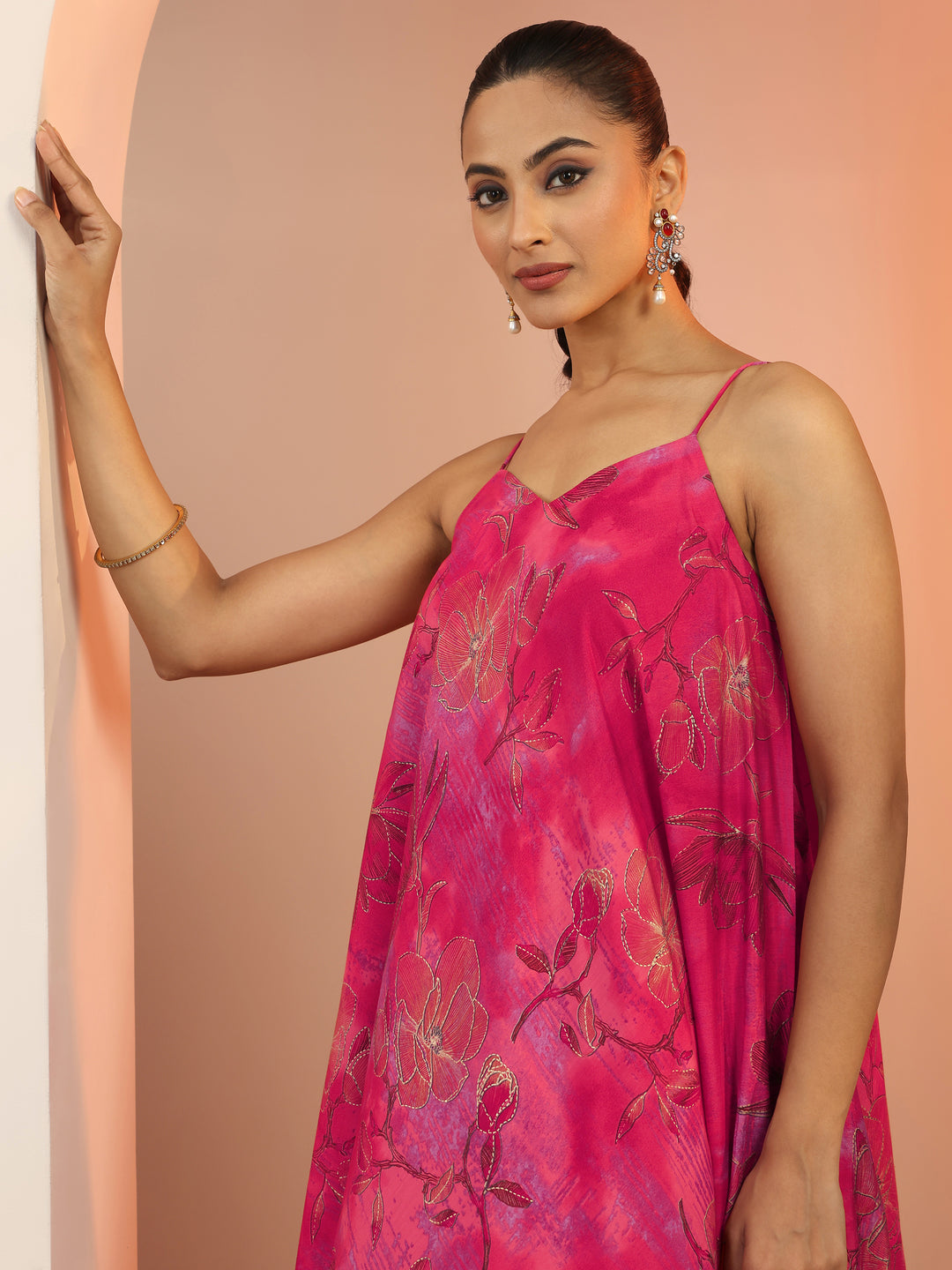 Pink Printed Silk Blend Straight Kurta Set 