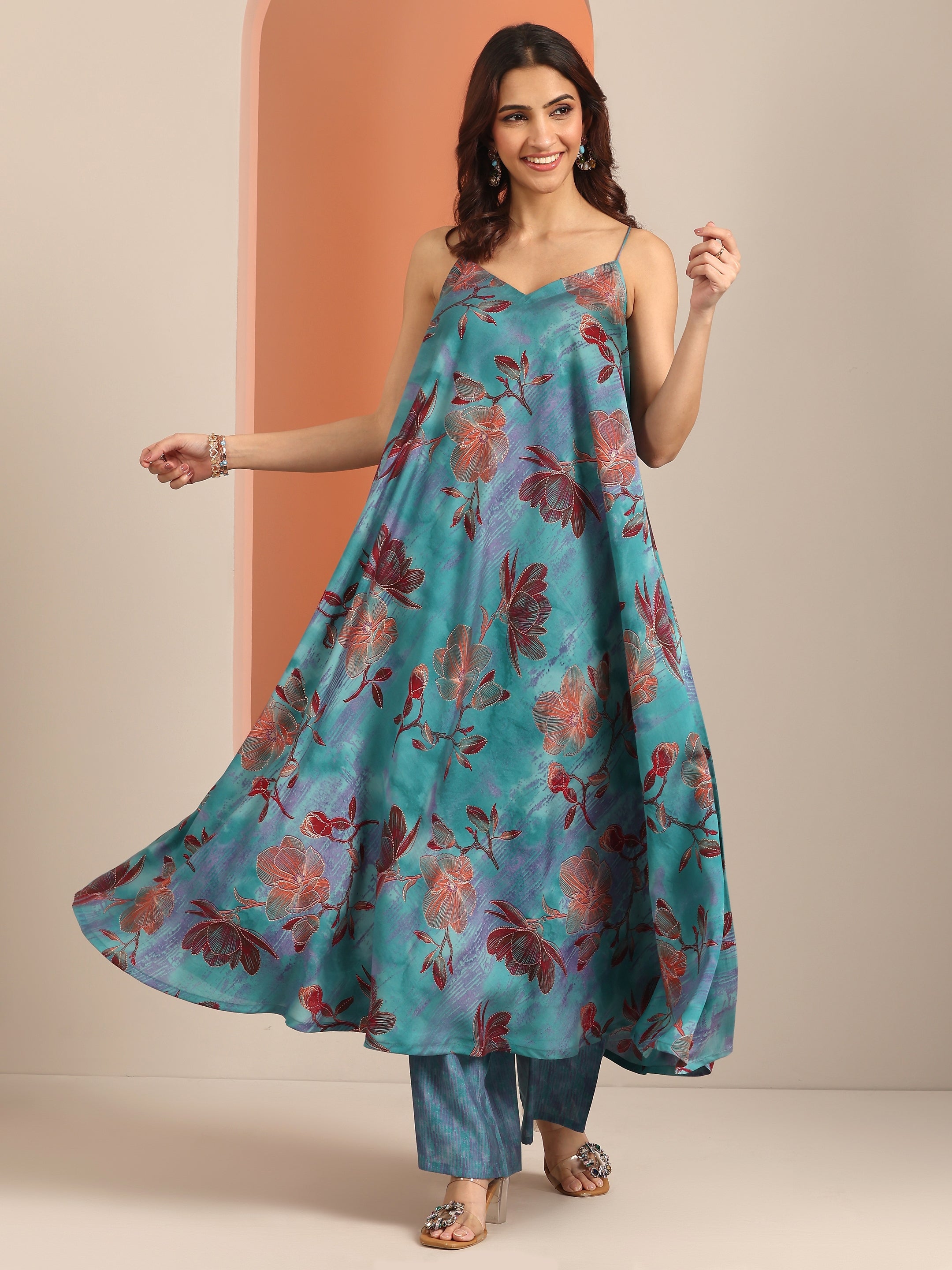libas Blue Printed Silk Blend Fit And Flare Kurta Set-picture-59