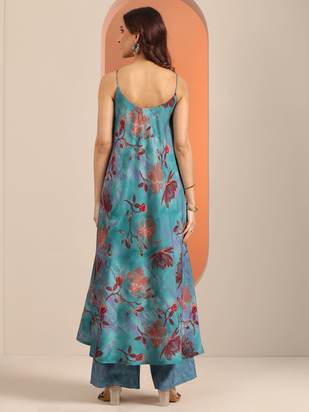  Blue Printed Silk Blend Fit And Flare Kurta Set 