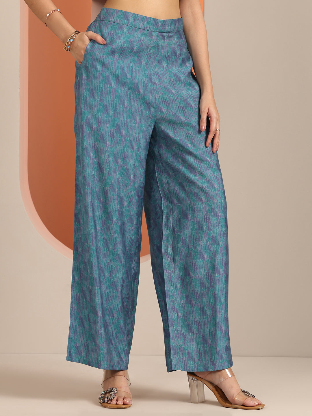  Blue Printed Silk Blend Fit And Flare Kurta Set 