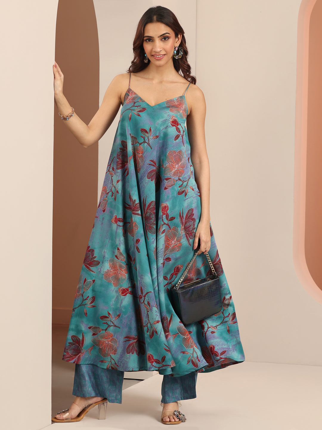  Blue Printed Silk Blend Fit And Flare Kurta Set 