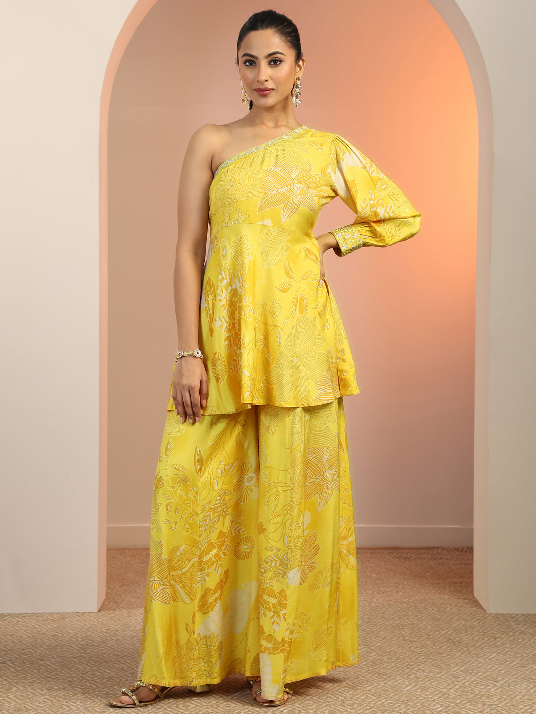  Yellow Printed Silk Blend Co-Ord Sets 