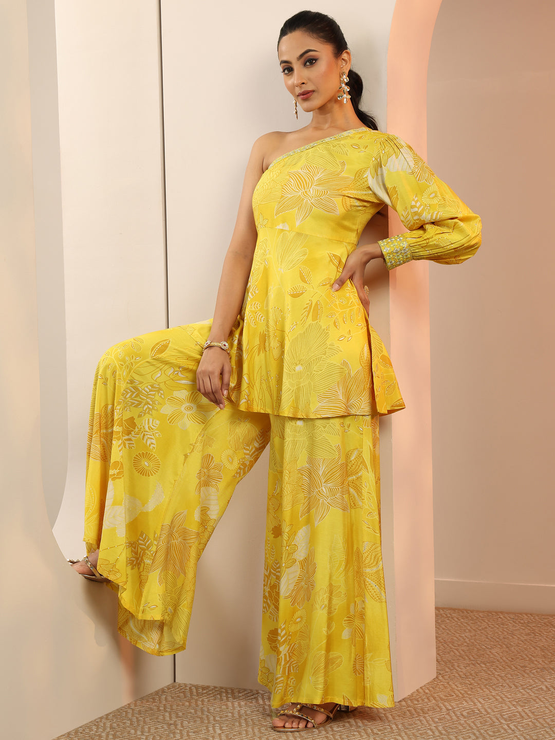  Yellow Printed Silk Blend Co-Ord Sets 