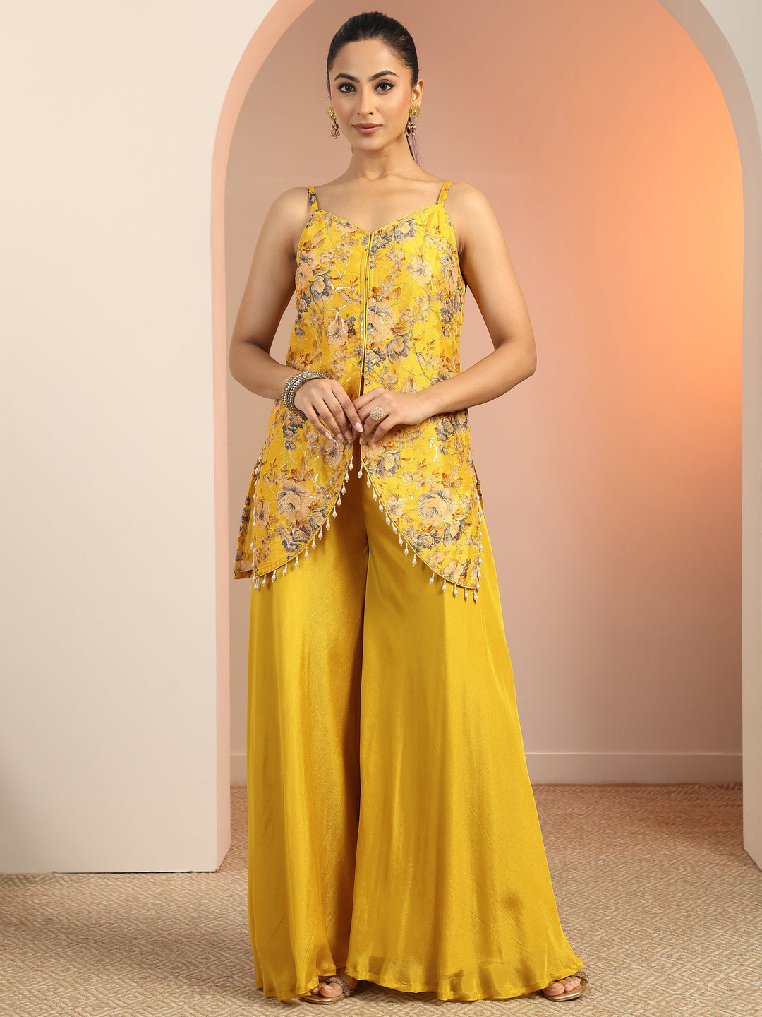  Yellow Printed Silk blend Straight Kurta Set 