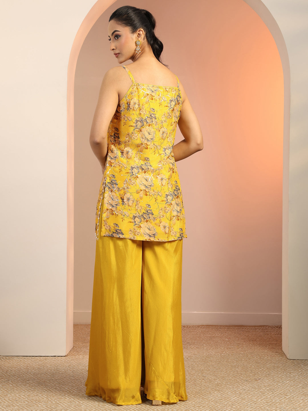  Yellow Printed Silk blend Straight Kurta Set 