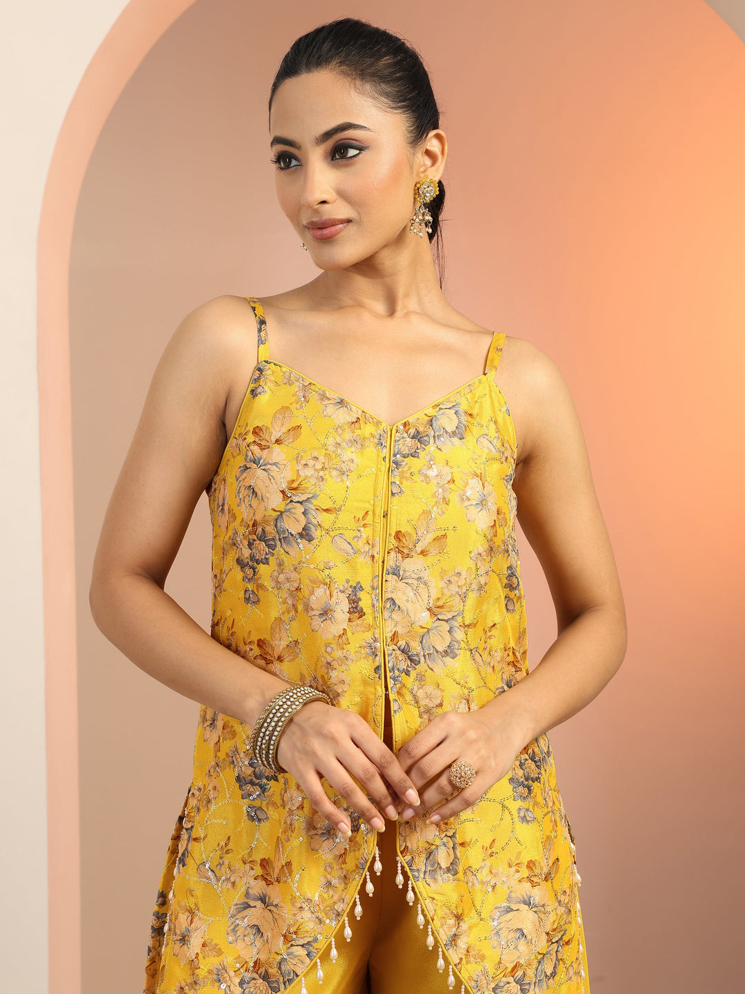  Yellow Printed Silk blend Straight Kurta Set 