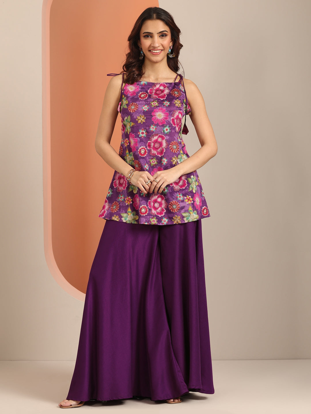  Purple Printed Silk Blend A-Line Na 