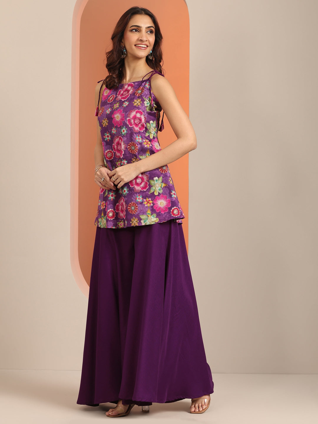  Purple Printed Silk Blend A-Line Na 