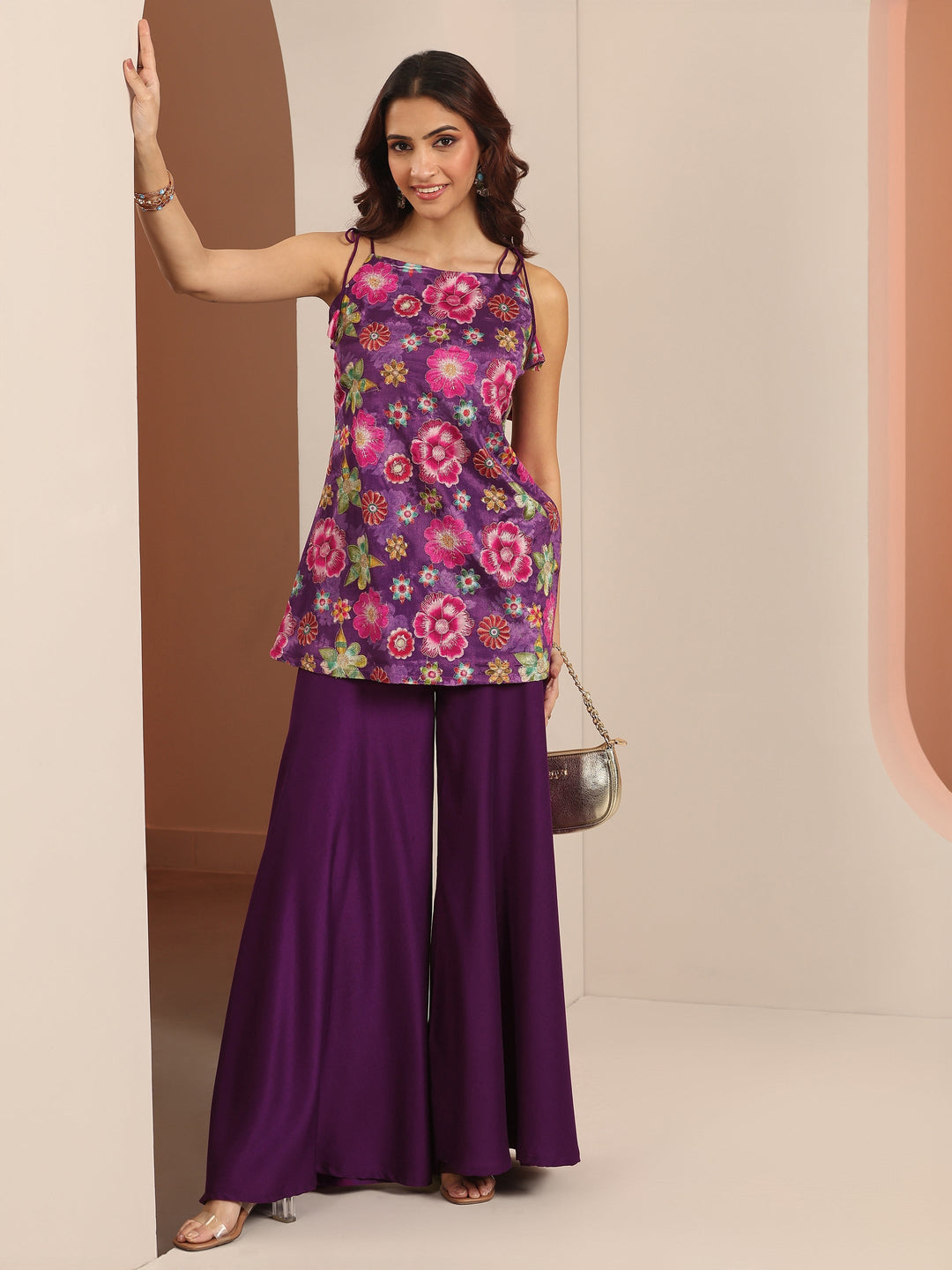  Purple Printed Silk Blend A-Line Na 