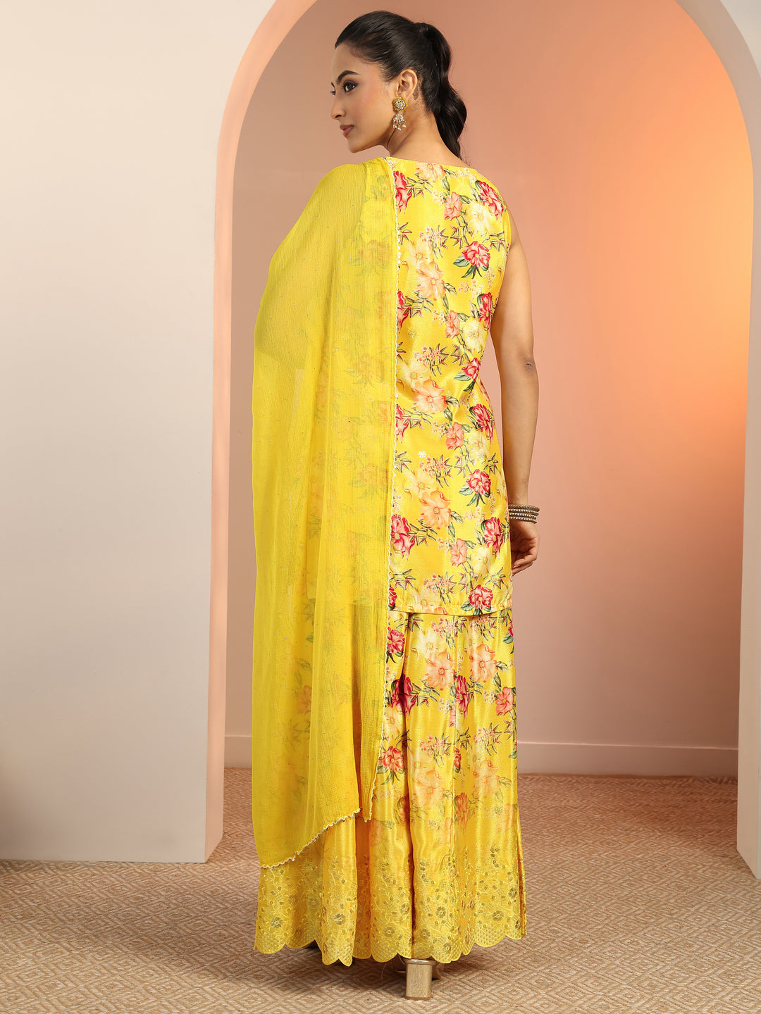  Yellow Printed Silk Blend Straight Suit Set With Dupatta 