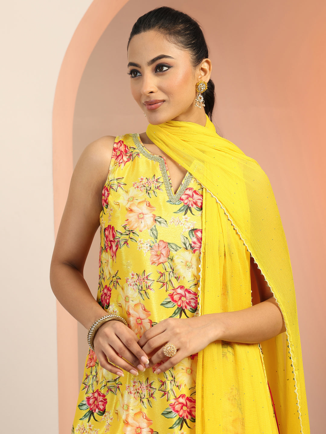  Yellow Printed Silk Blend Straight Suit Set With Dupatta 
