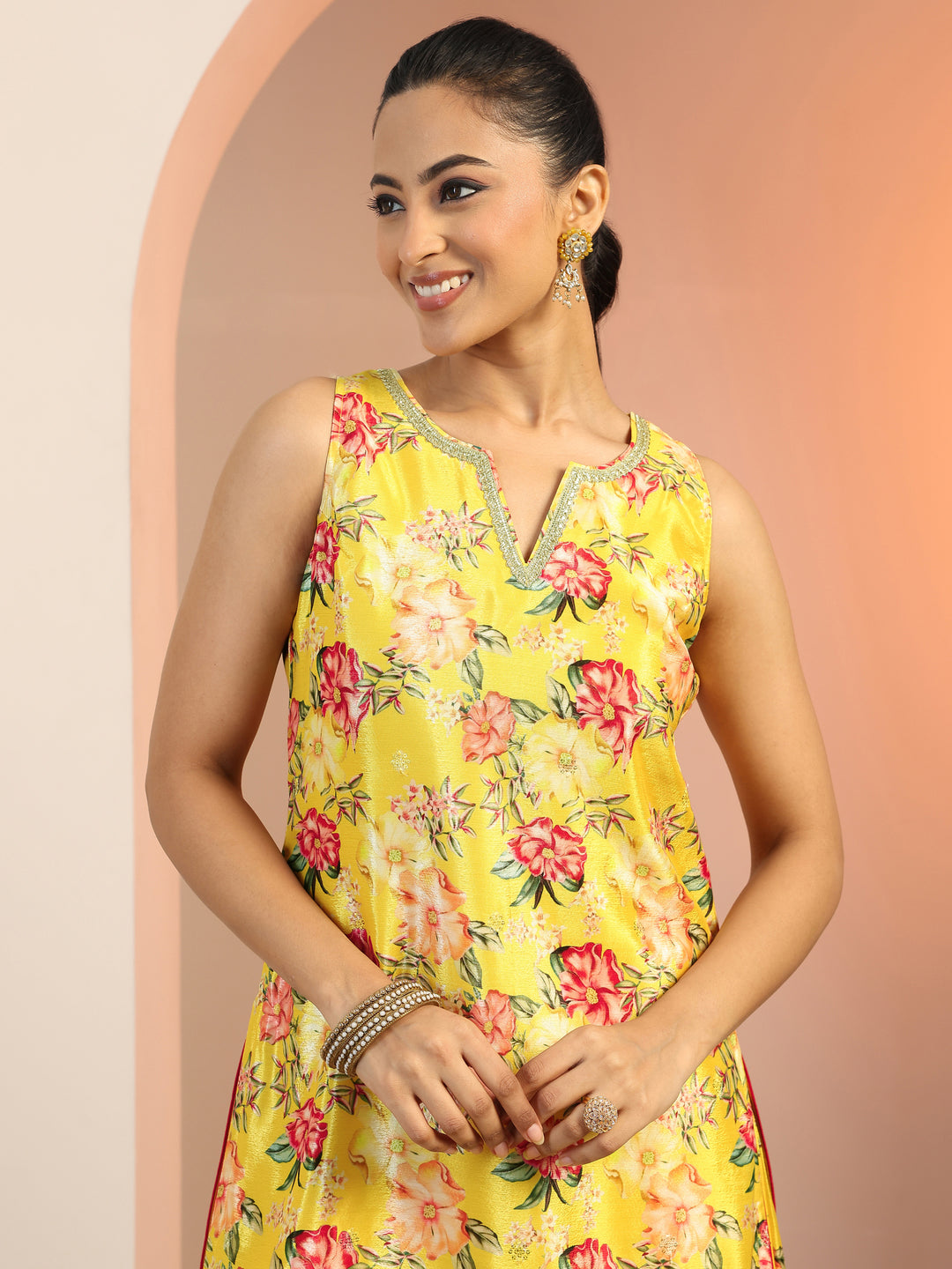  Yellow Printed Silk Blend Straight Suit Set With Dupatta 