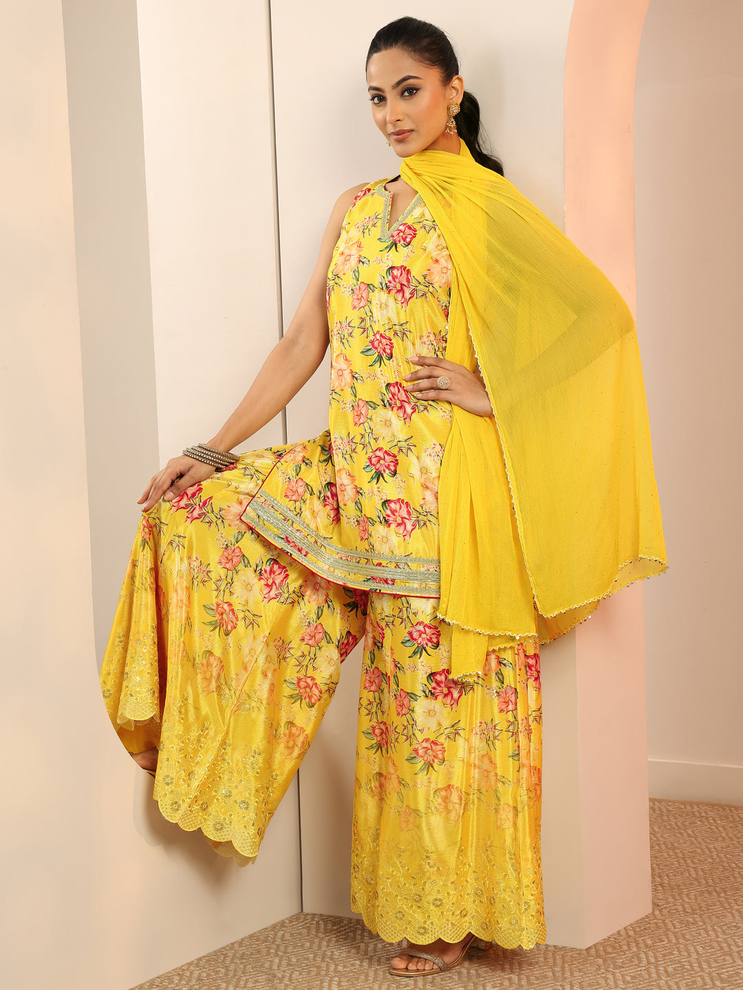  Yellow Printed Silk Blend Straight Suit Set With Dupatta 