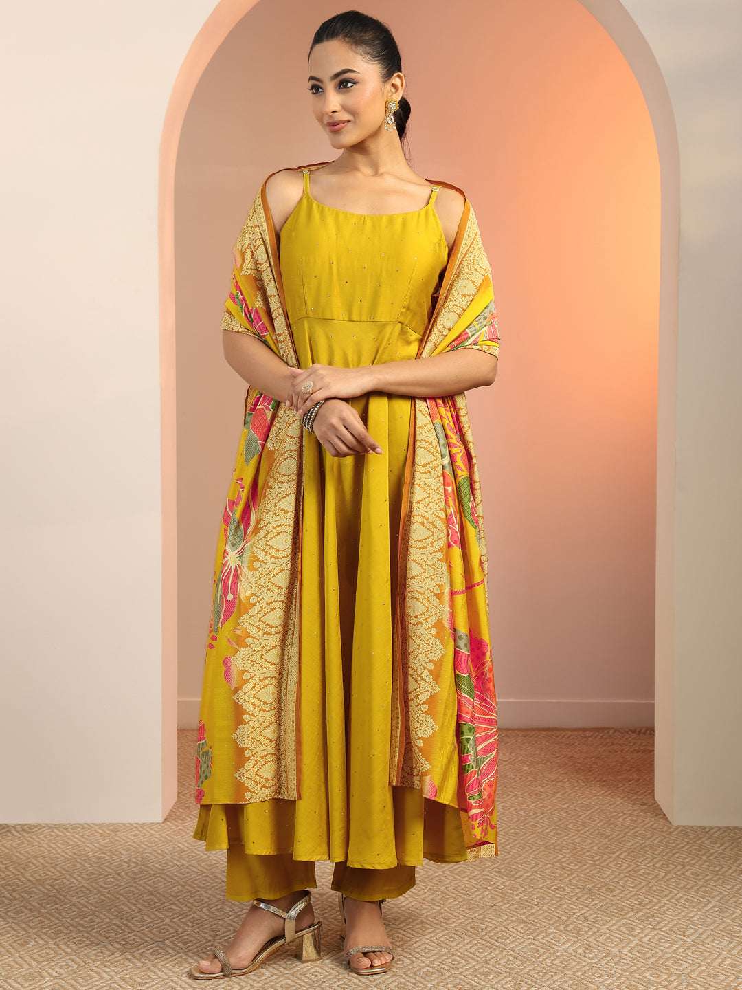  Mustard Embellished Silk Blend Anarkali Suit Set With Dupatta 